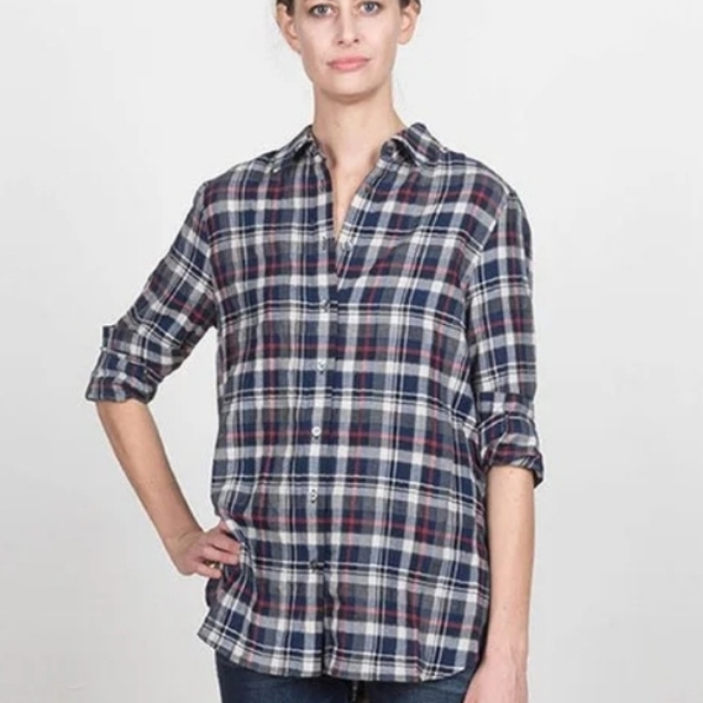 Jenni Kayne Placket Back Boyfriend Shirt Plaid Flannel Blue Red Size Small